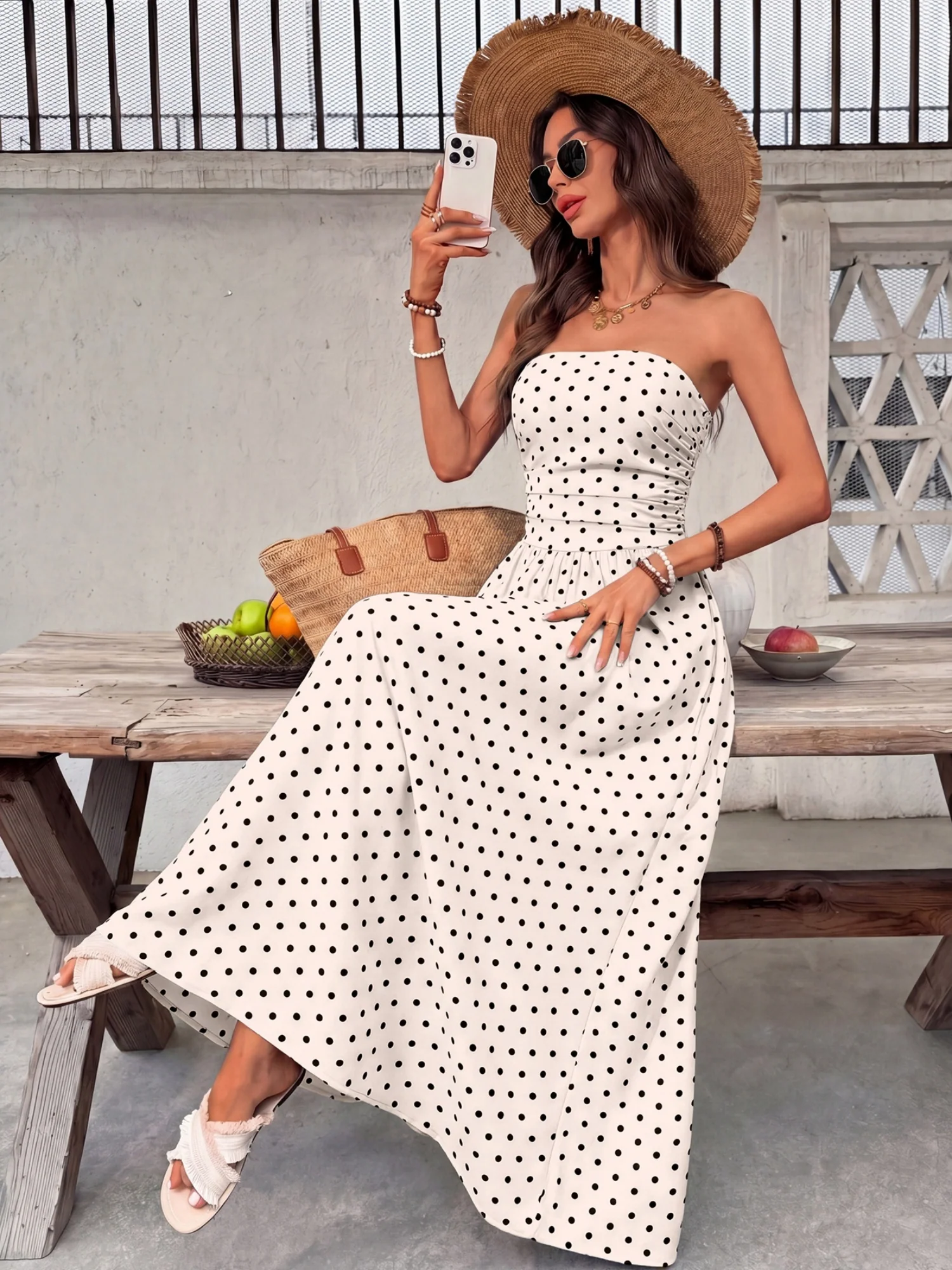 Polka Dots Tucking And Waist-cinching Strapless Maxi Dresses - Image 4