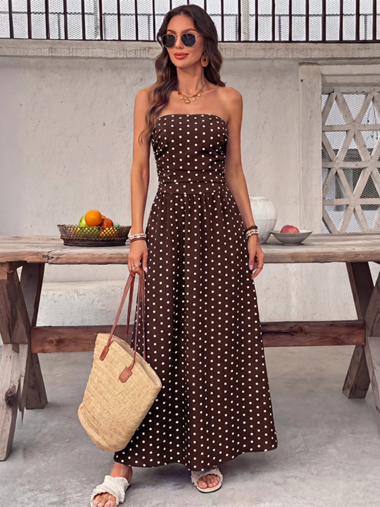 Polka Dots Tucking And Waist-cinching Strapless Maxi Dresses - Image 5