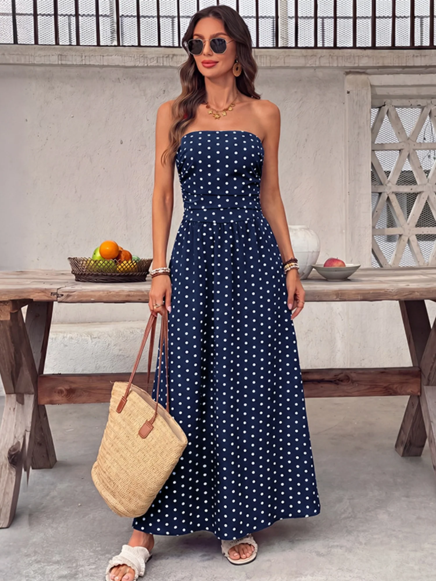 Polka Dots Tucking And Waist-cinching Strapless Maxi Dresses - Image 7