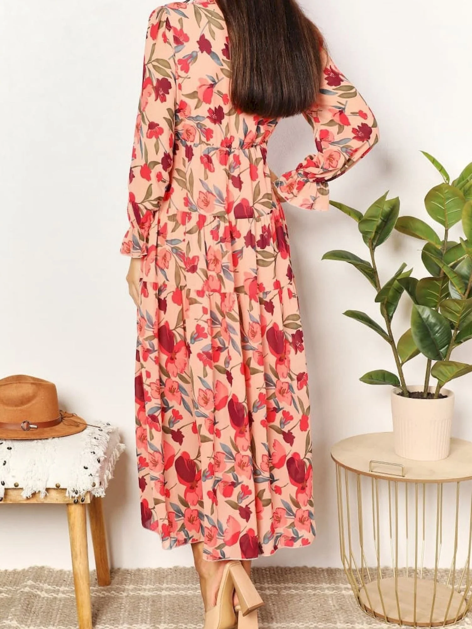 Floral Print V-neck Lantern Sleeves Maxi Dresses - Image 3