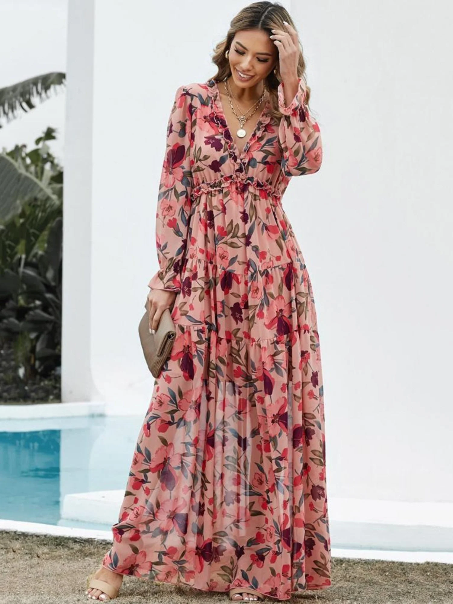Floral Print V-neck Lantern Sleeves Maxi Dresses - Image 5