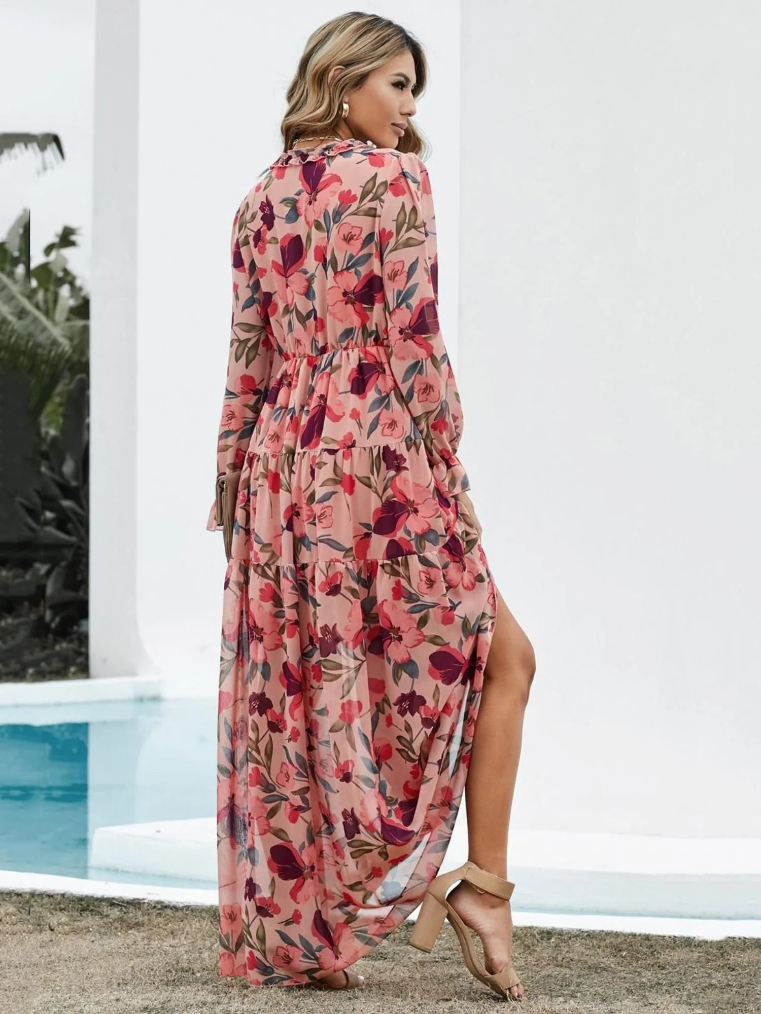 Floral Print V-neck Lantern Sleeves Maxi Dresses - Image 6