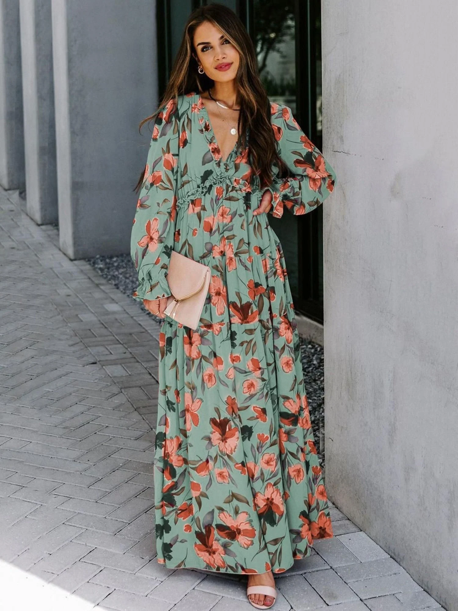 Floral Print V-neck Lantern Sleeves Maxi Dresses - Image 7