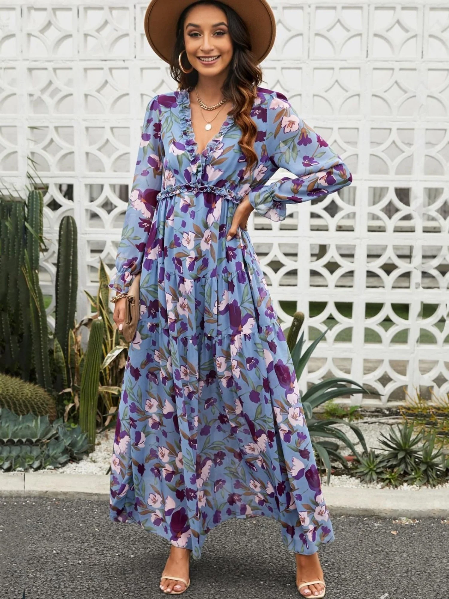 Floral Print V-neck Lantern Sleeves Maxi Dresses - Image 8