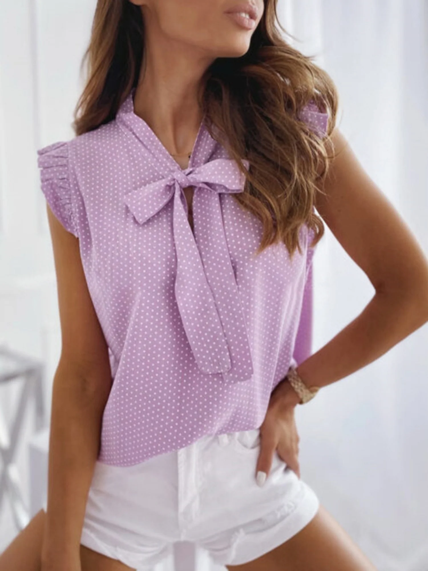 Polka Dots Bow Tie Collar Sweet Sleeveless Shirt - Image 6