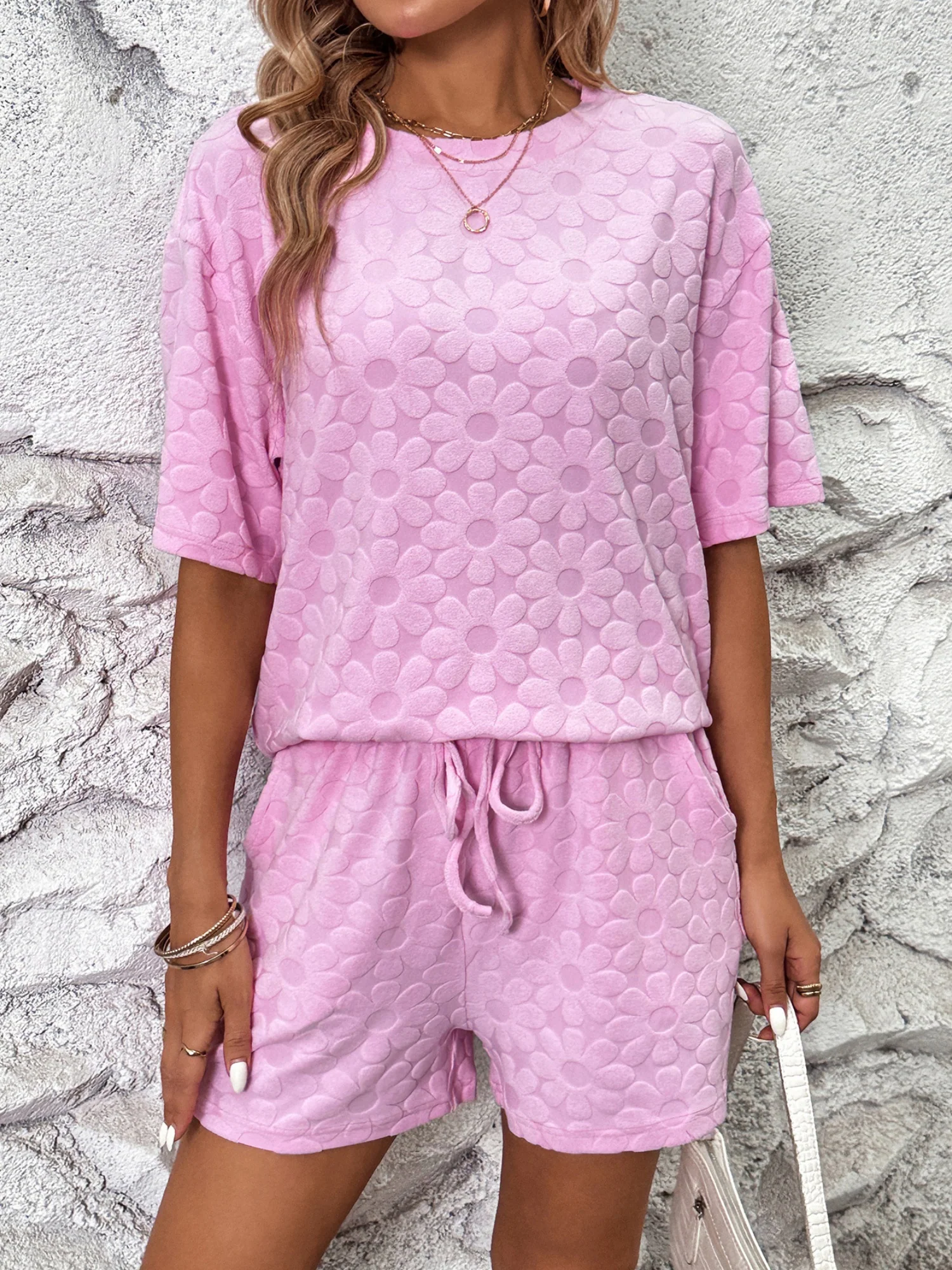 Sunflower Jacquard Short-sleeved T-shirt Strappy Shorts 2-piece Sets - Image 3