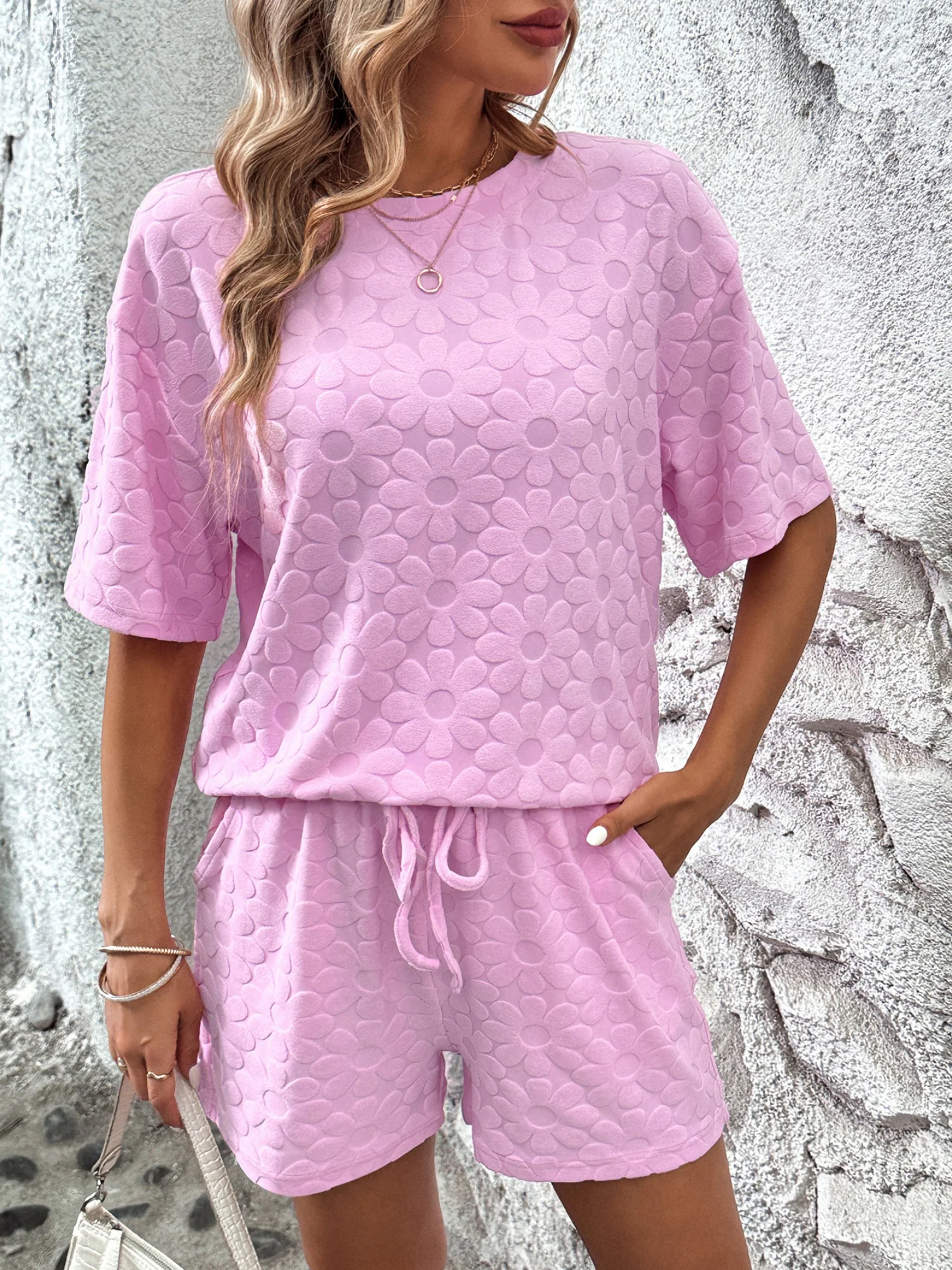 Sunflower Jacquard Short-sleeved T-shirt Strappy Shorts 2-piece Sets - Image 4