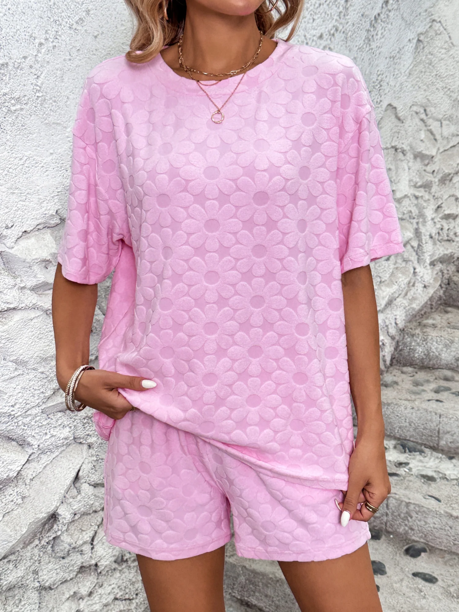 Sunflower Jacquard Short-sleeved T-shirt Strappy Shorts 2-piece Sets - Image 5