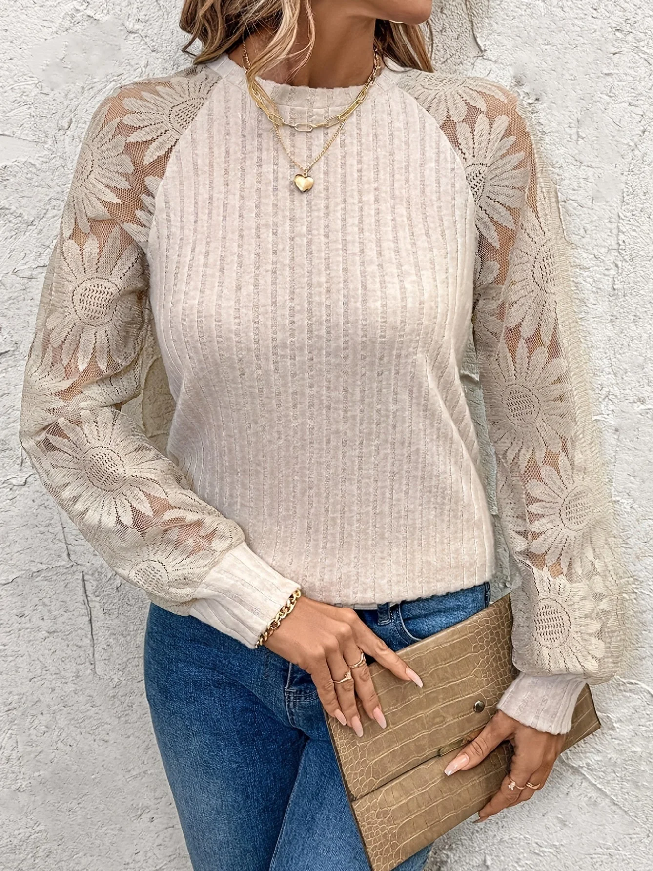 Apricot Crew Neck Hollow Lace Stitching Long Sleeve Blouse - Image 3