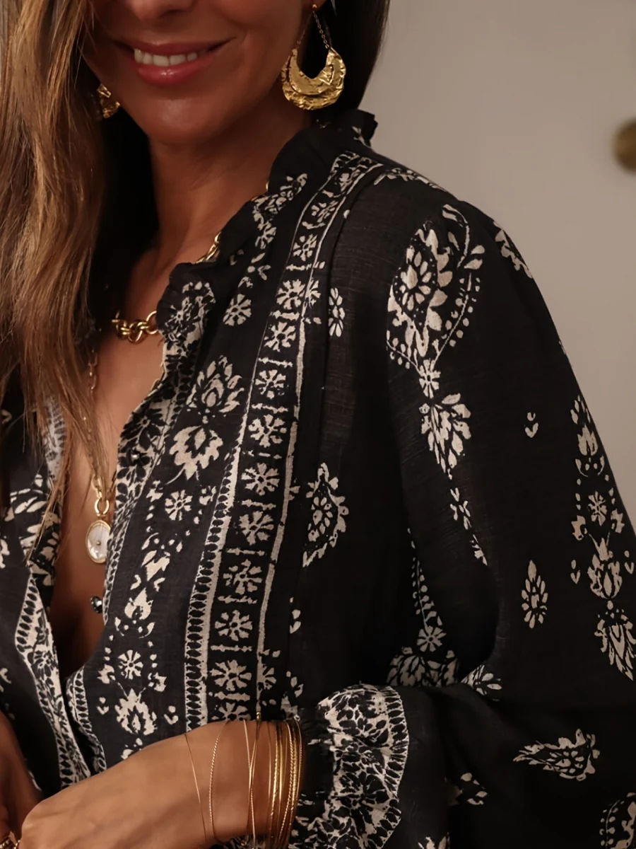 Geometric Print V-neck Long-sleeved Shirt - Image 12