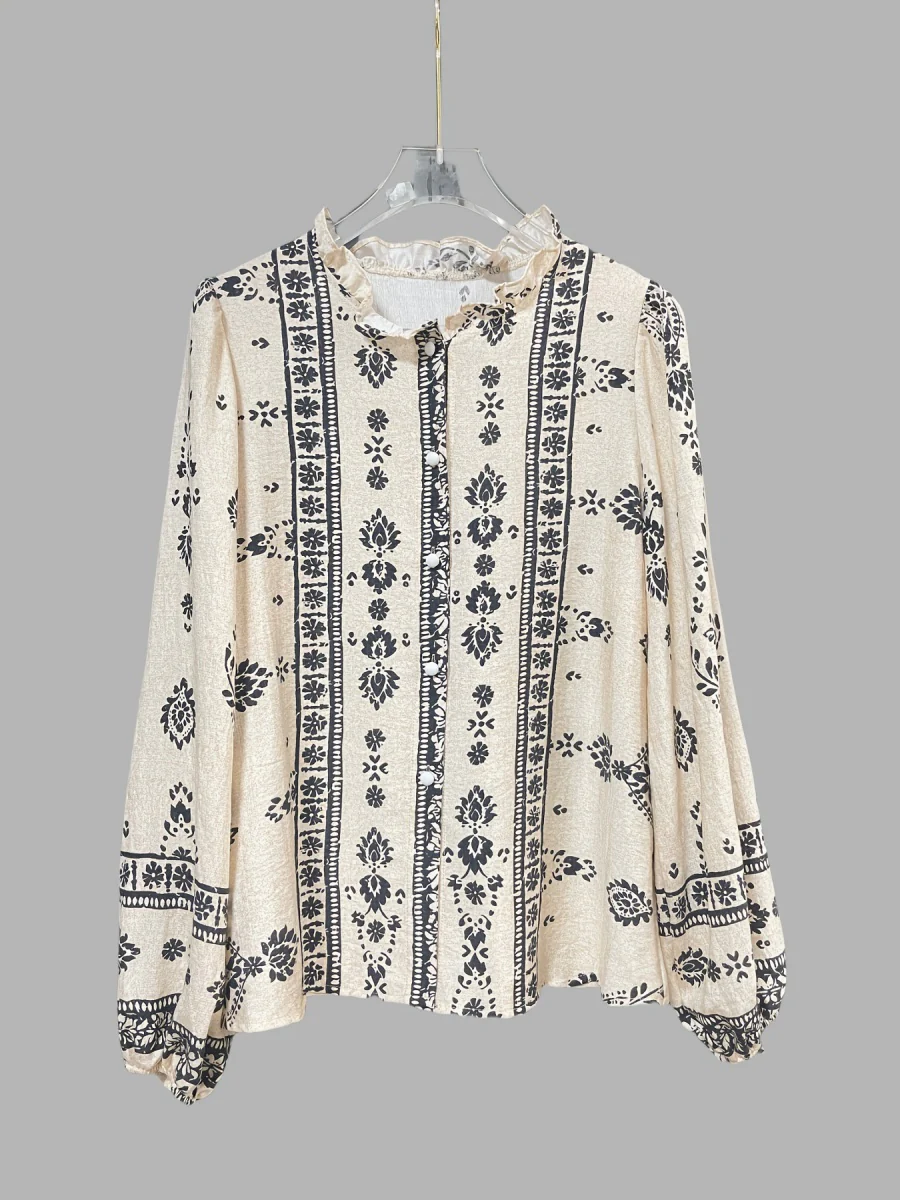 Geometric Print V-neck Long-sleeved Shirt - Image 6