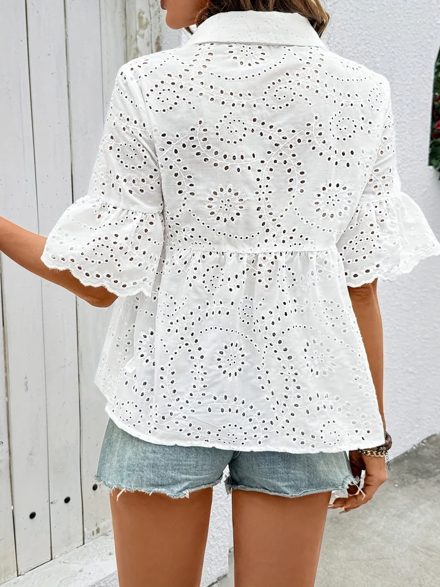 Women's Short-sleeved Shirt With Lapel And Openwork Embroidery - Image 2