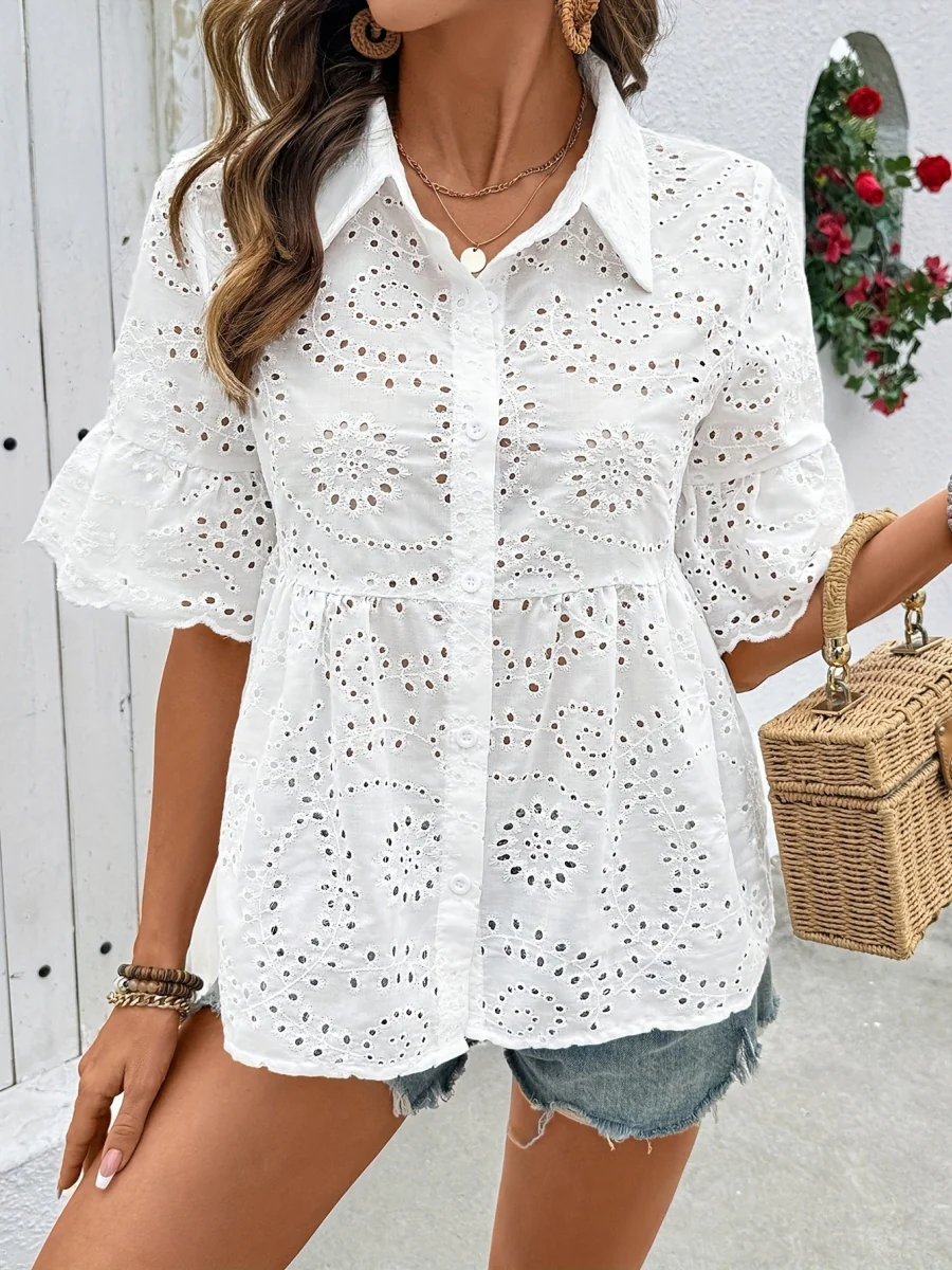 Women's Short-sleeved Shirt With Lapel And Openwork Embroidery - Image 3