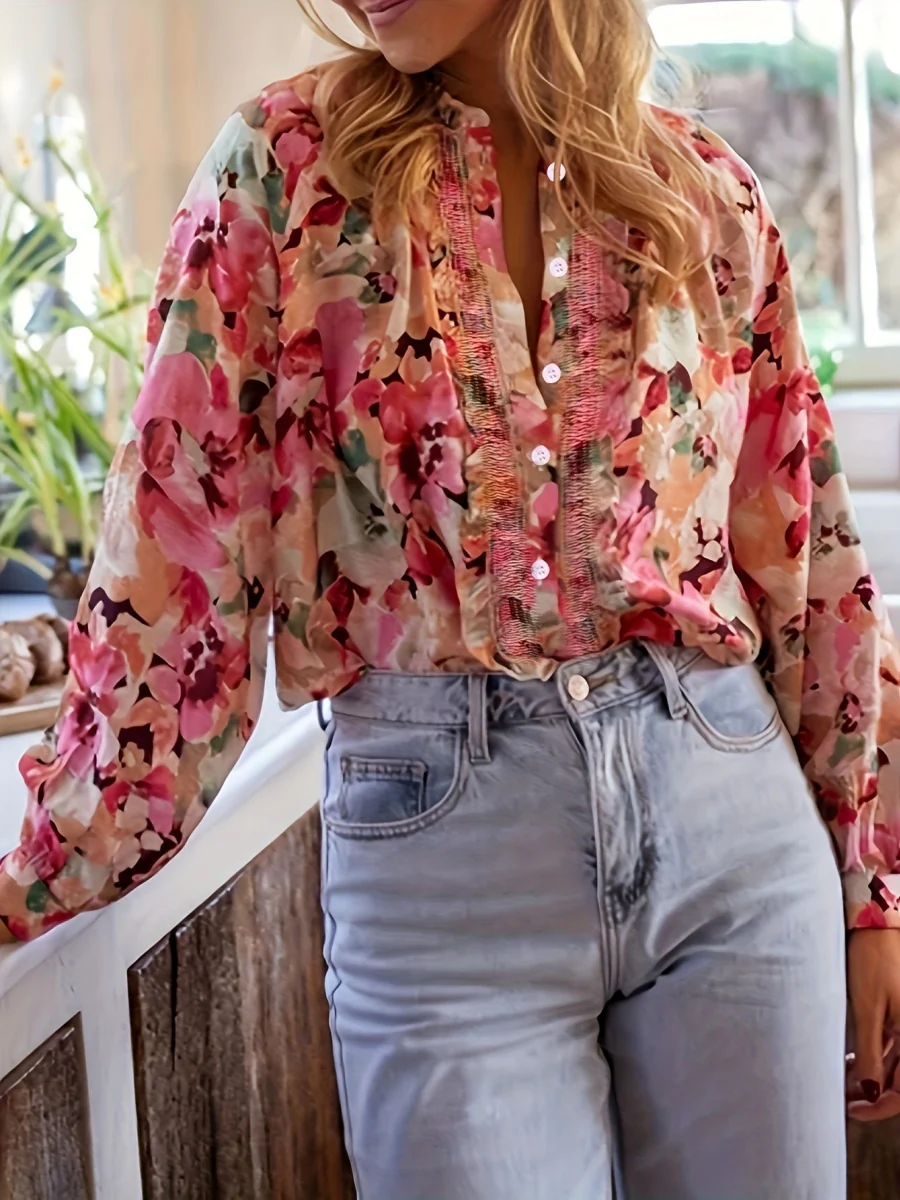 Floral Print Ruffled Round Neck Long-sleeved Shirt - Image 4