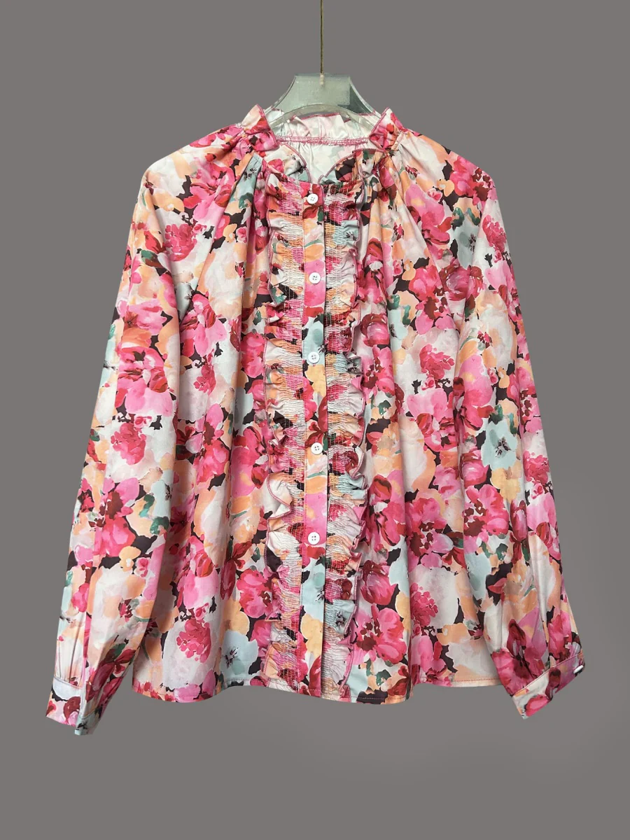 Floral Print Ruffled Round Neck Long-sleeved Shirt - Image 5