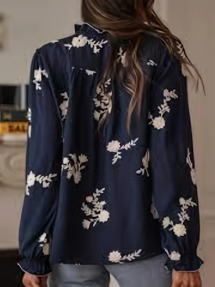 Floral Embroidery Color-blocked V-neck Lantern Sleeve Shirt - Image 10