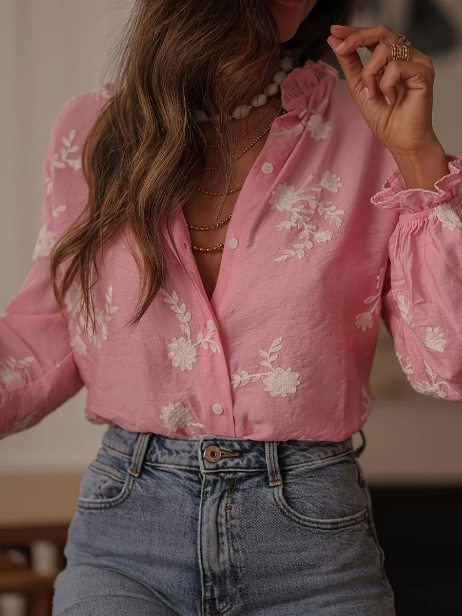 Floral Embroidery Color-blocked V-neck Lantern Sleeve Shirt - Image 2
