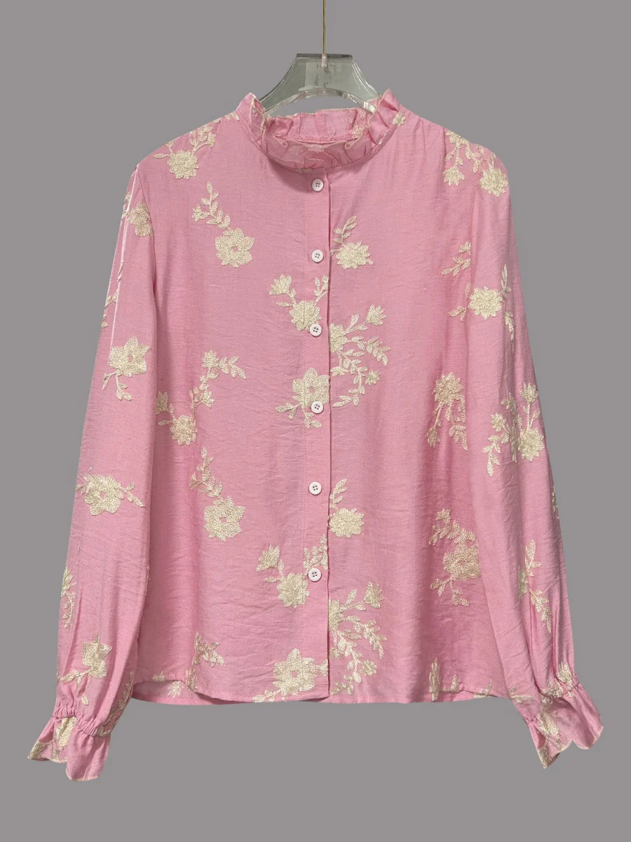 Floral Embroidery Color-blocked V-neck Lantern Sleeve Shirt - Image 6