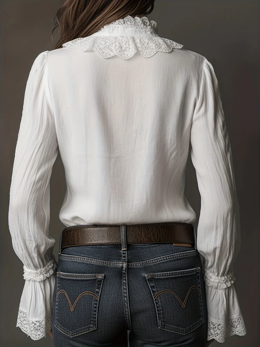 White Lace-trimmed Long-sleeved Shirt - Image 2