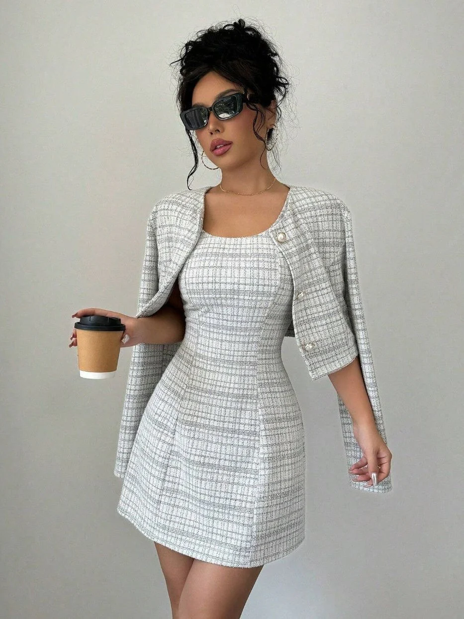 Single-breasted Short Jacket Fitted Dress 2-piece Sets - Image 11