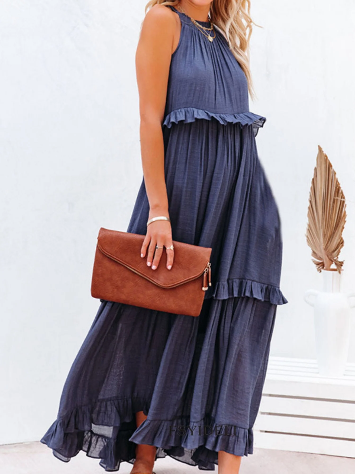 Ruffle Pleated Large Skirt Sleeveless Maxi Dresses - Image 7