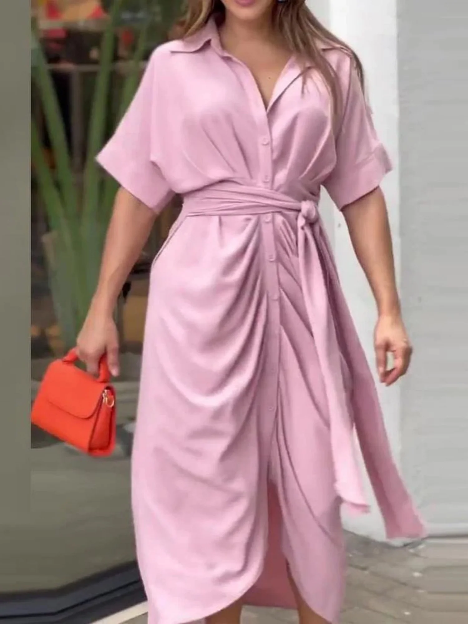 Lapel Shirt Dress Short-sleeved Single-breasted High-waisted Maxi Dresses