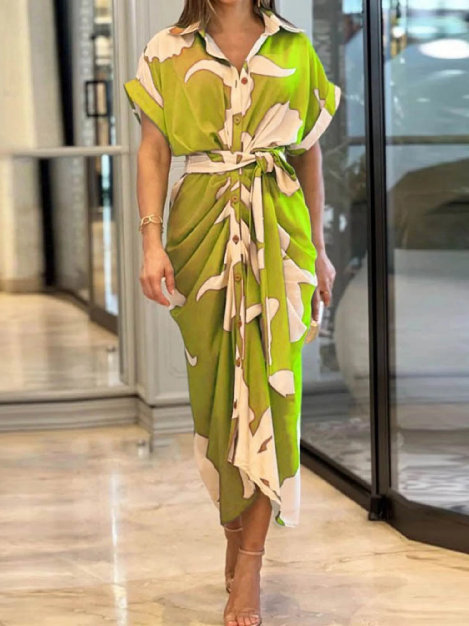 Lapel Shirt Dress Short-sleeved Single-breasted High-waisted Maxi Dresses - Image 3