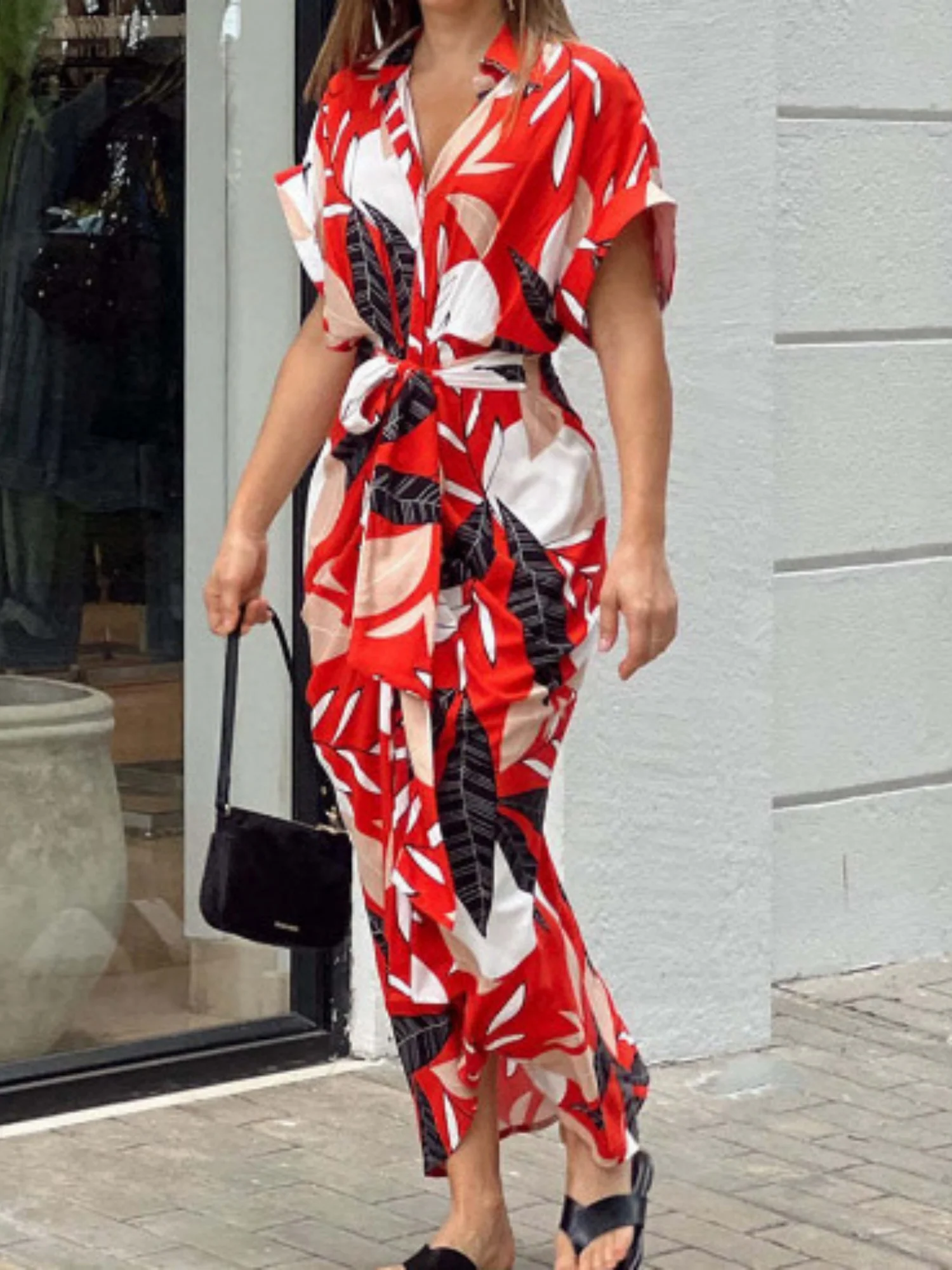 Lapel Shirt Dress Short-sleeved Single-breasted High-waisted Maxi Dresses - Image 4