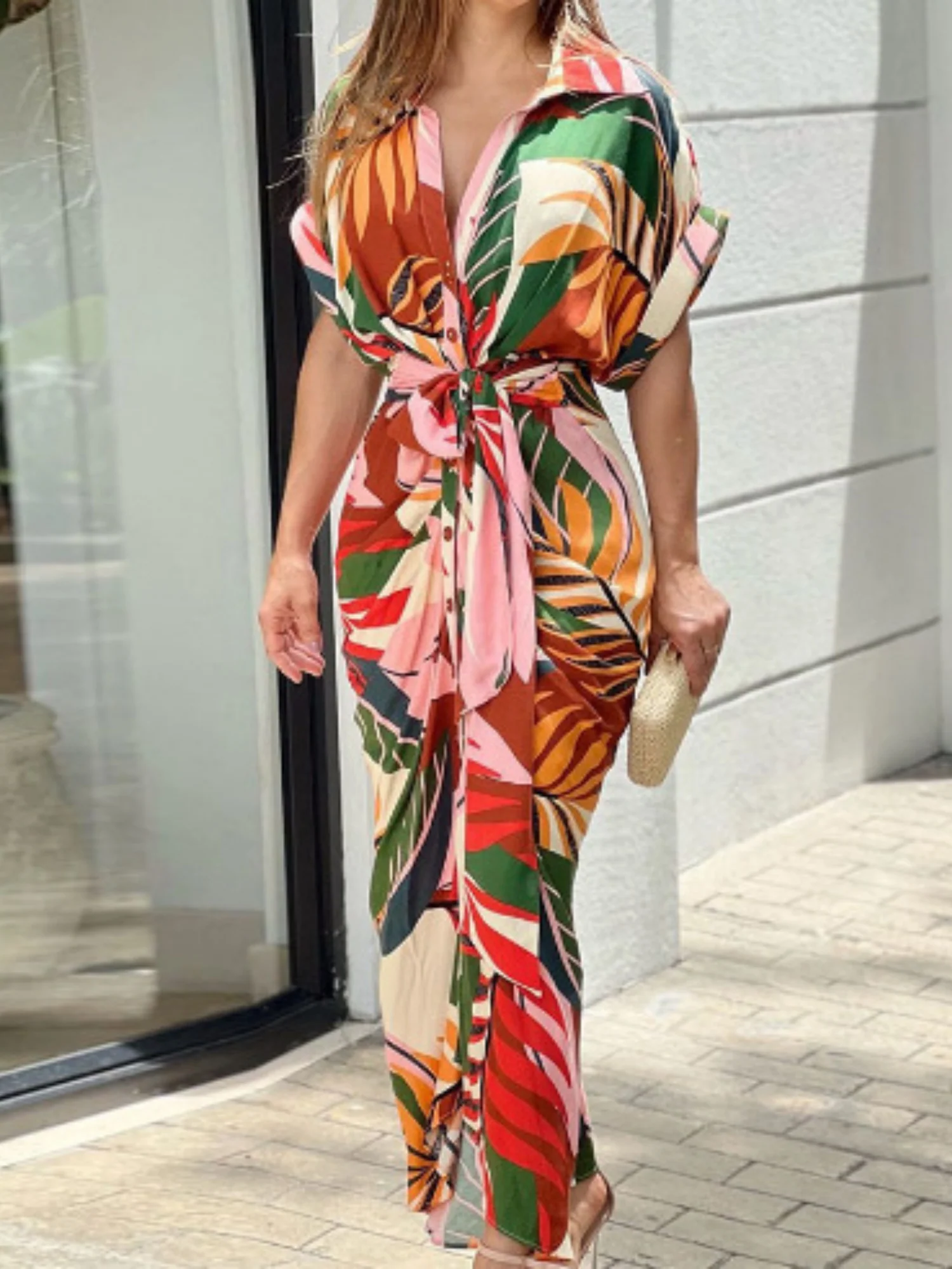 Lapel Shirt Dress Short-sleeved Single-breasted High-waisted Maxi Dresses - Image 5