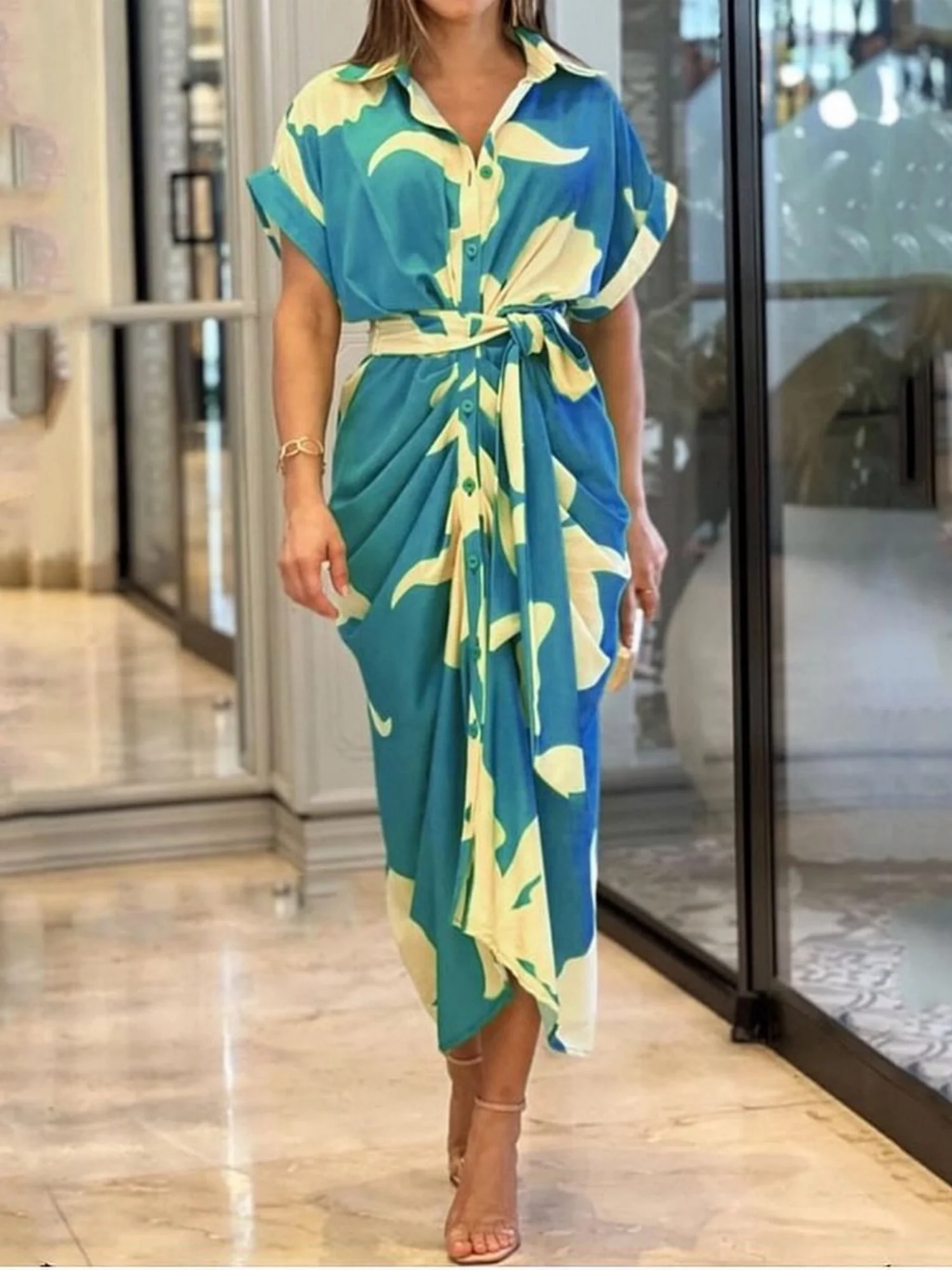 Lapel Shirt Dress Short-sleeved Single-breasted High-waisted Maxi Dresses - Image 6