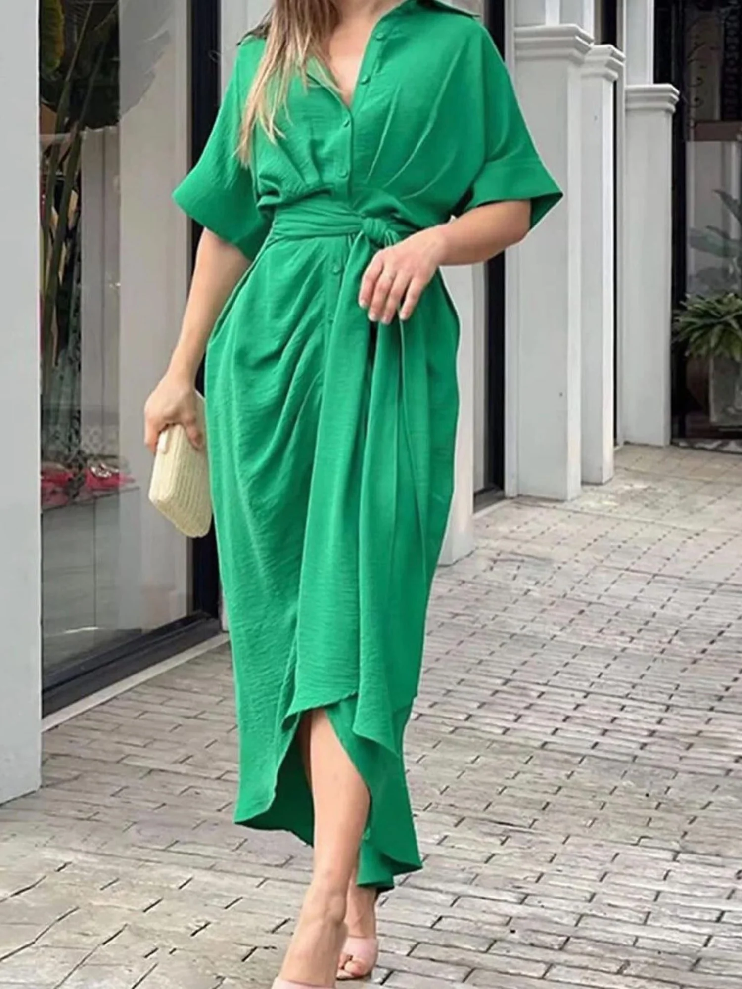 Lapel Shirt Dress Short-sleeved Single-breasted High-waisted Maxi Dresses - Image 7