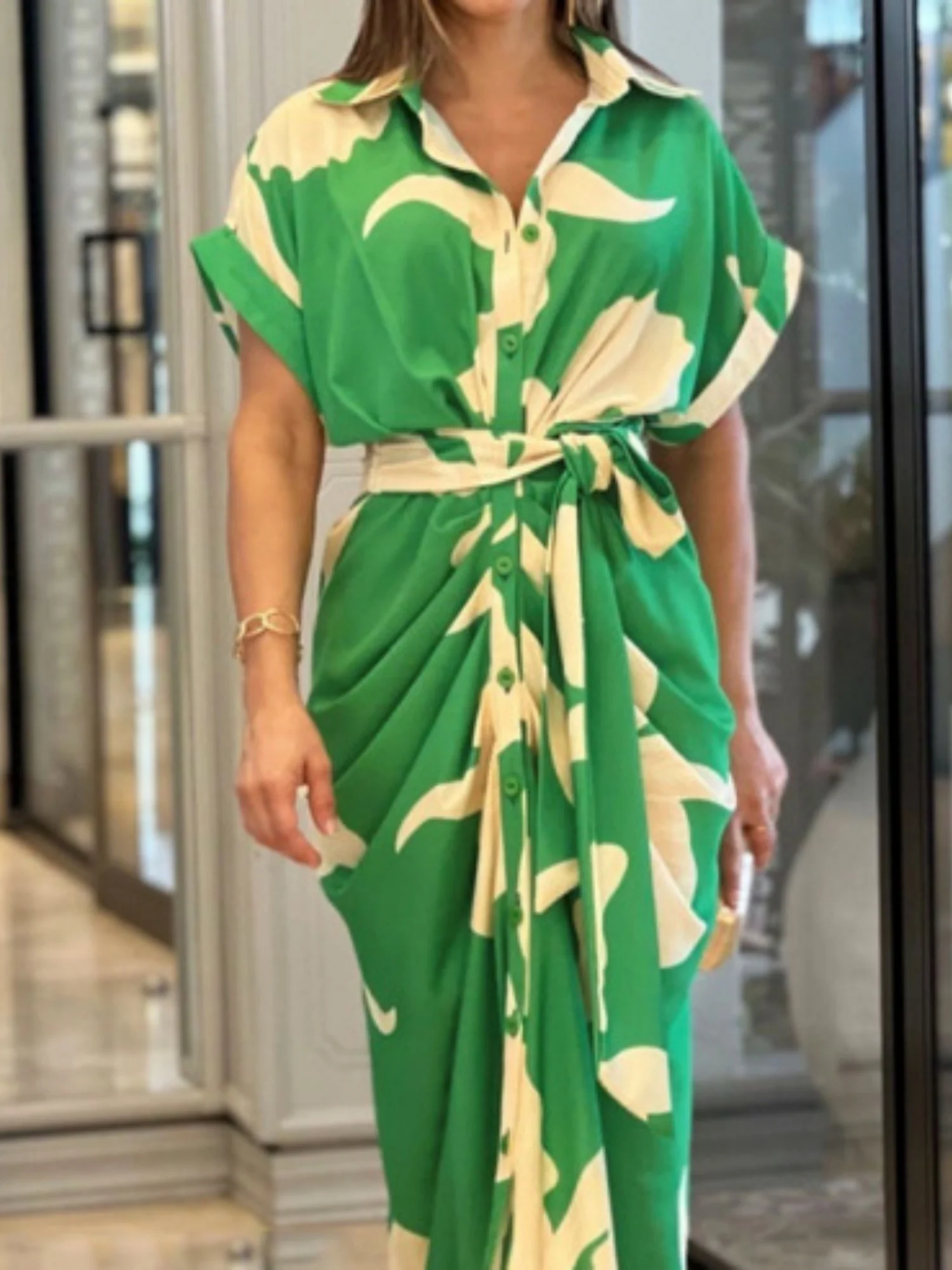 Lapel Shirt Dress Short-sleeved Single-breasted High-waisted Maxi Dresses - Image 8