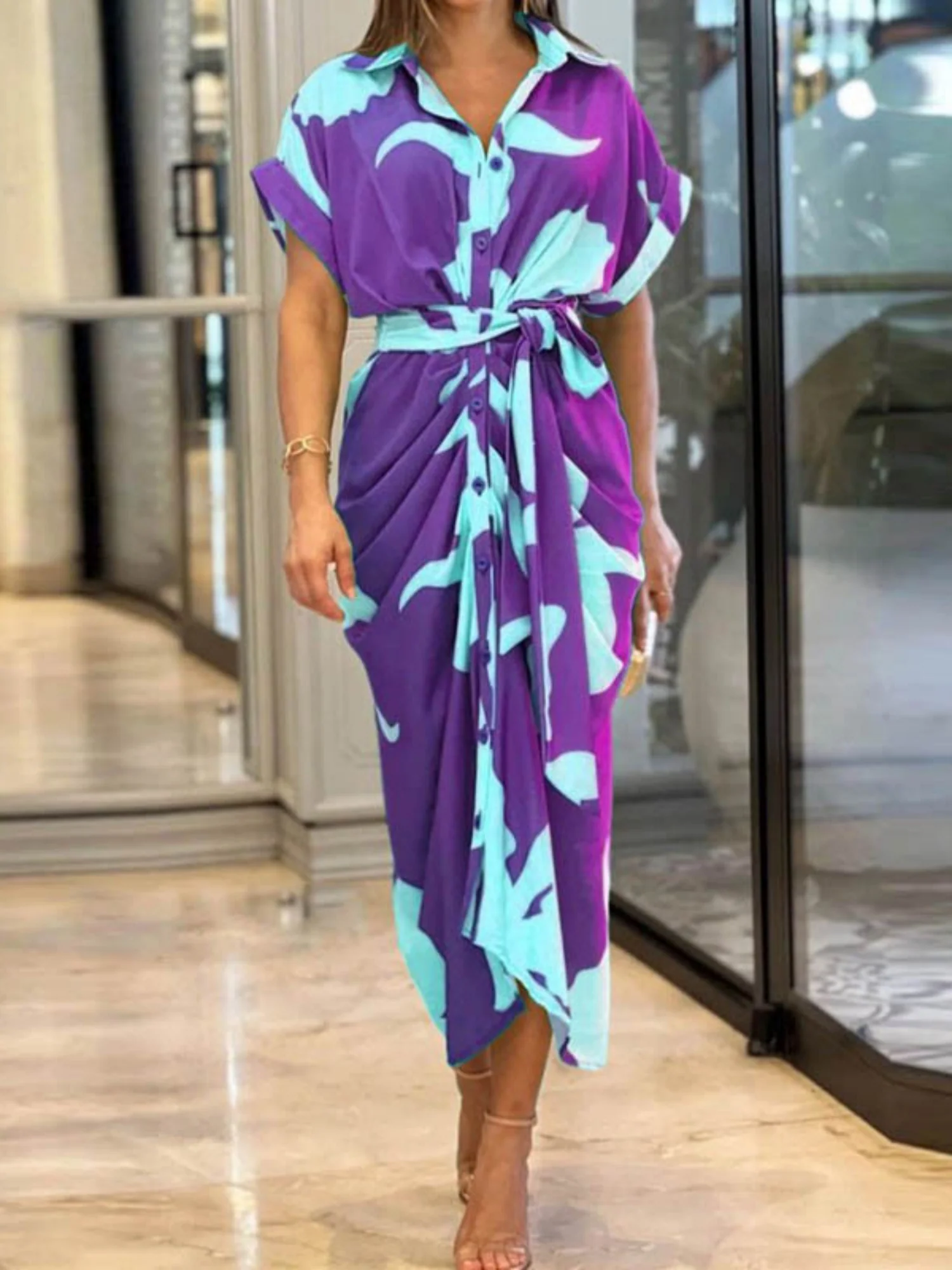 Lapel Shirt Dress Short-sleeved Single-breasted High-waisted Maxi Dresses - Image 9