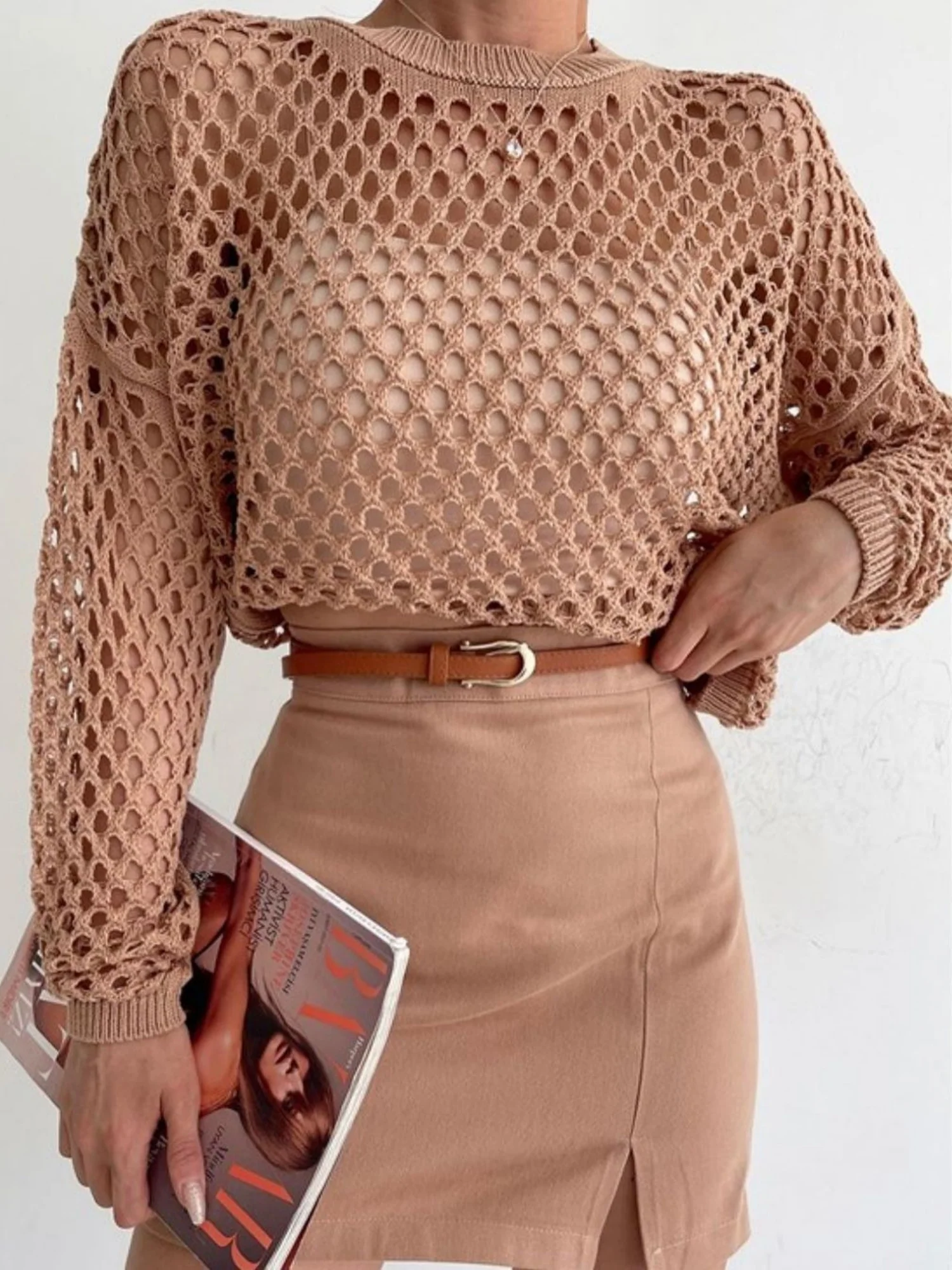 Hollow Out Round Neck With Bell Sleeves Knitted Cover-up - Image 4