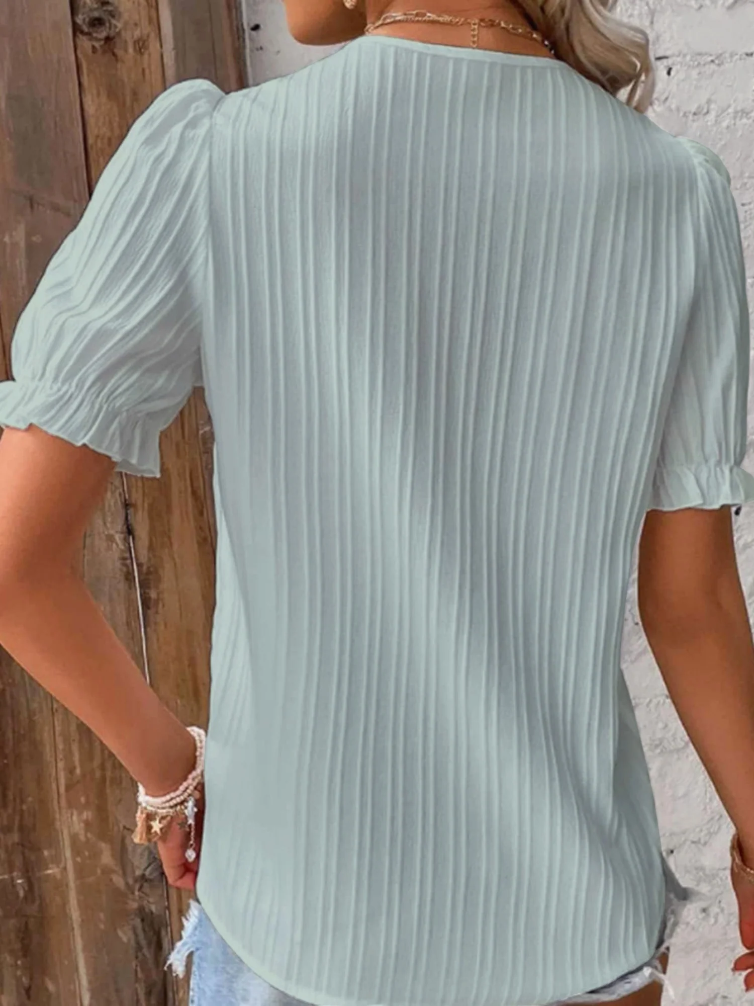 Openwork Lace Puff Sleeve V-neck Vertical Stripes T-shirts - Image 2