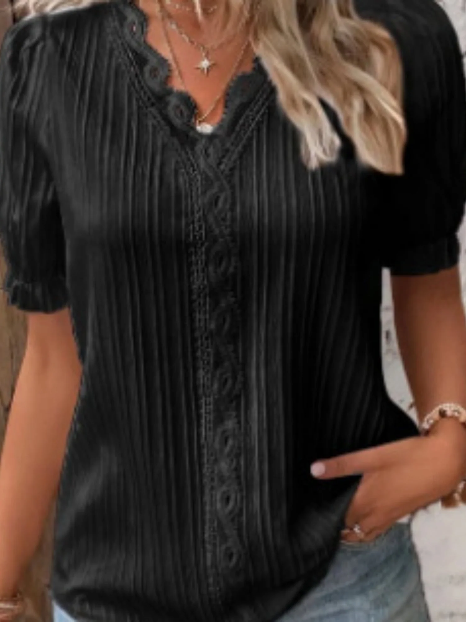 Openwork Lace Puff Sleeve V-neck Vertical Stripes T-shirts - Image 3