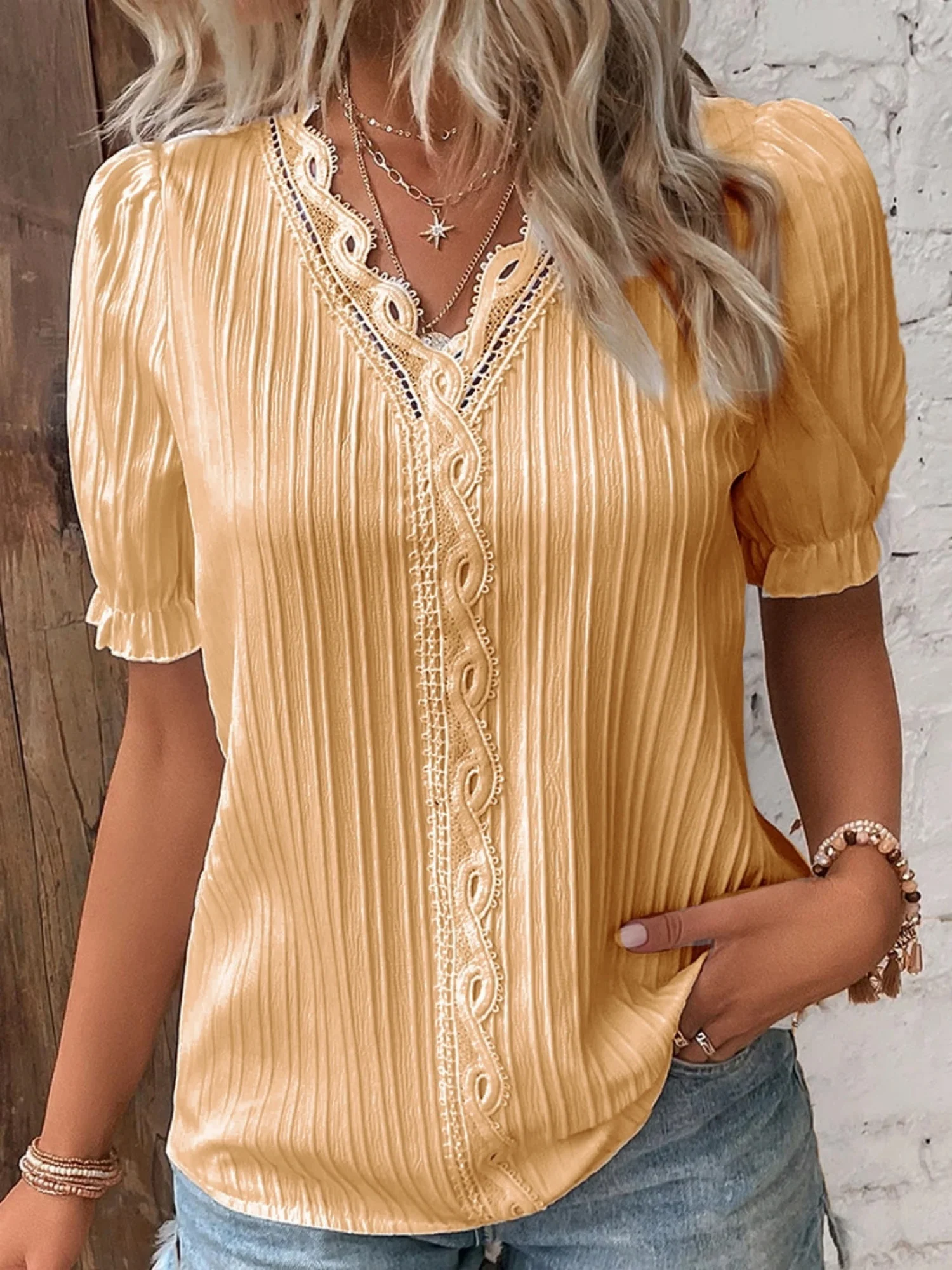 Openwork Lace Puff Sleeve V-neck Vertical Stripes T-shirts - Image 4
