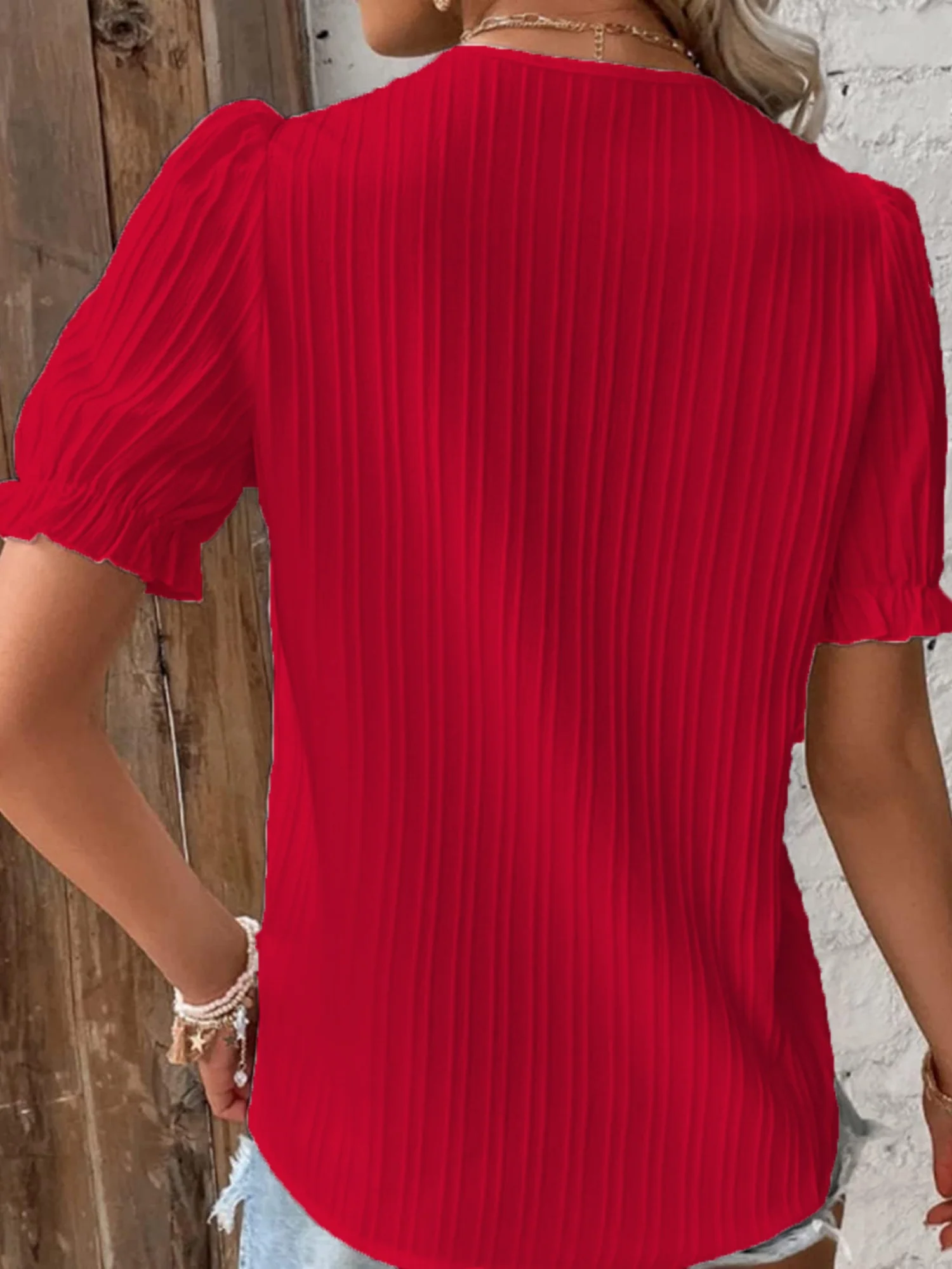 Openwork Lace Puff Sleeve V-neck Vertical Stripes T-shirts - Image 5