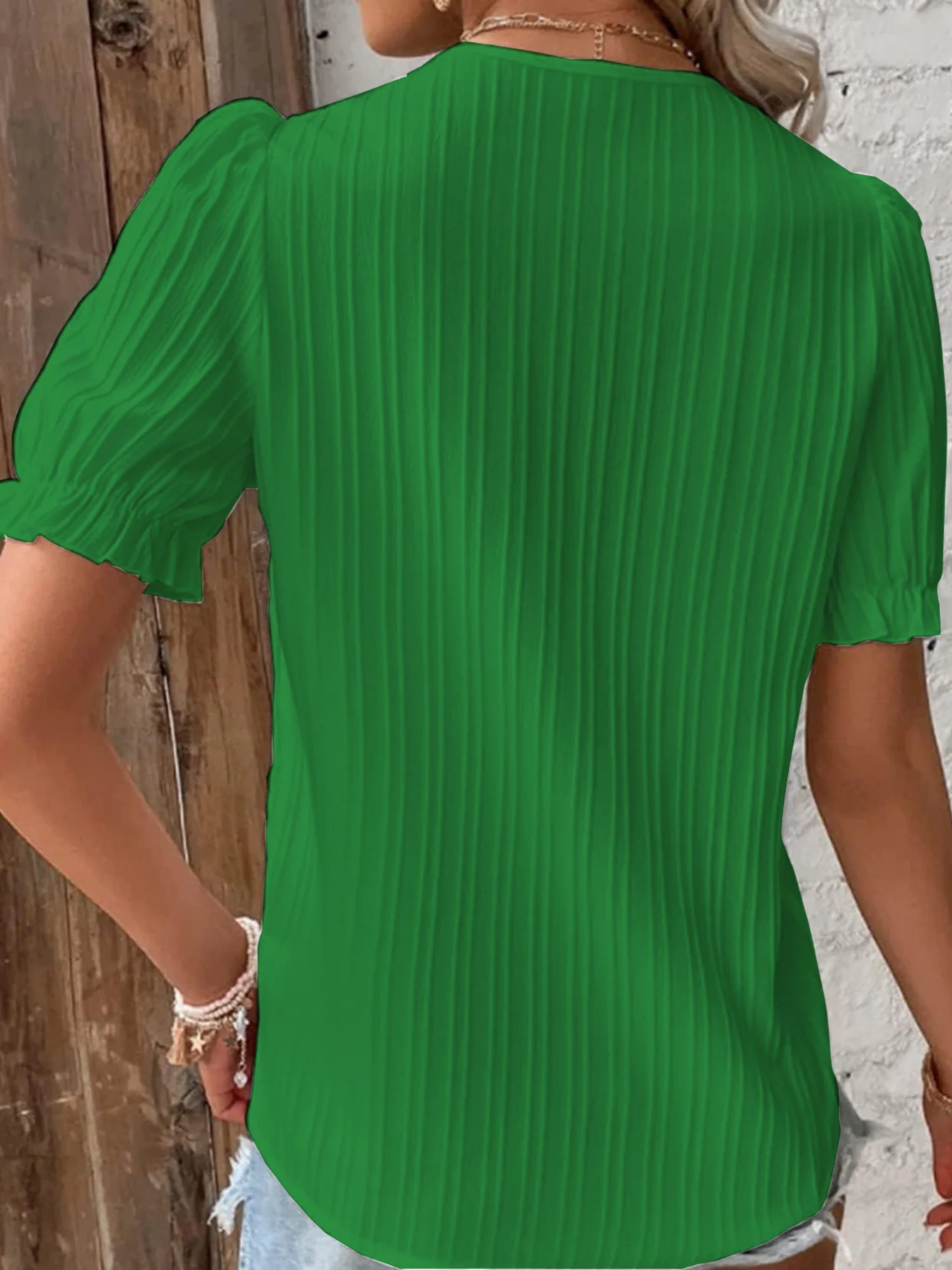 Openwork Lace Puff Sleeve V-neck Vertical Stripes T-shirts - Image 7