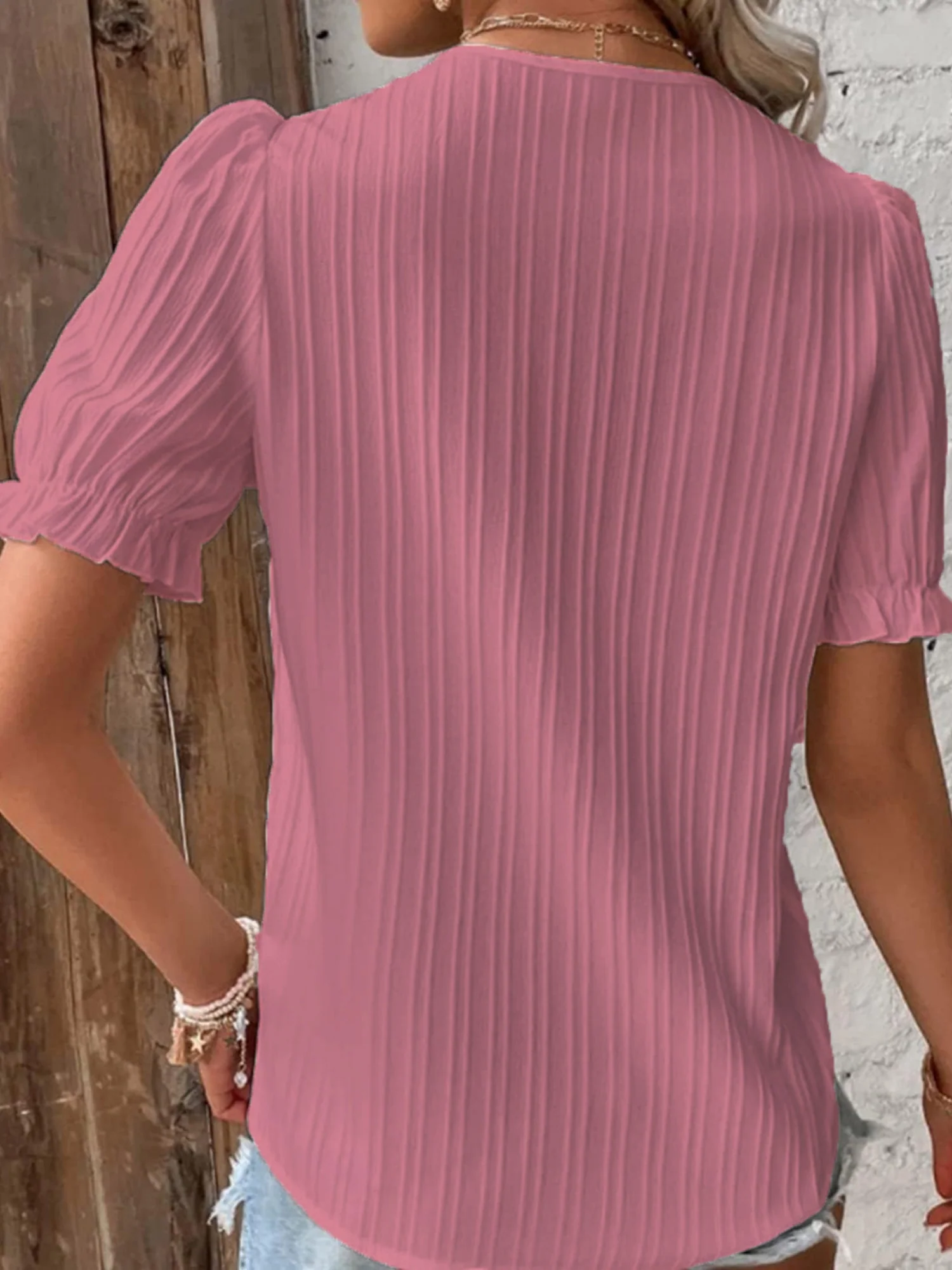 Openwork Lace Puff Sleeve V-neck Vertical Stripes T-shirts - Image 9