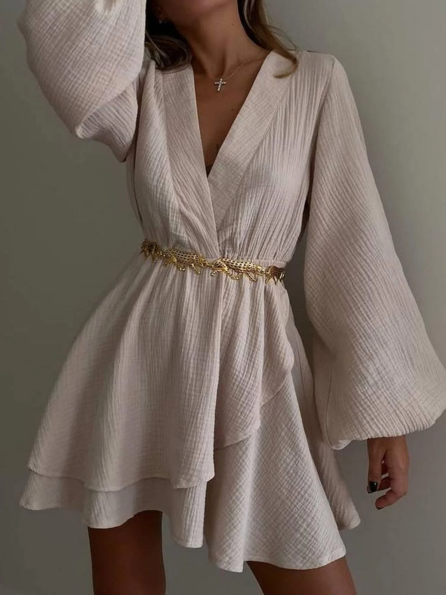 Chiffon V-neck Balloon Sleeve Sweet Mini&Short Dresses - Image 3