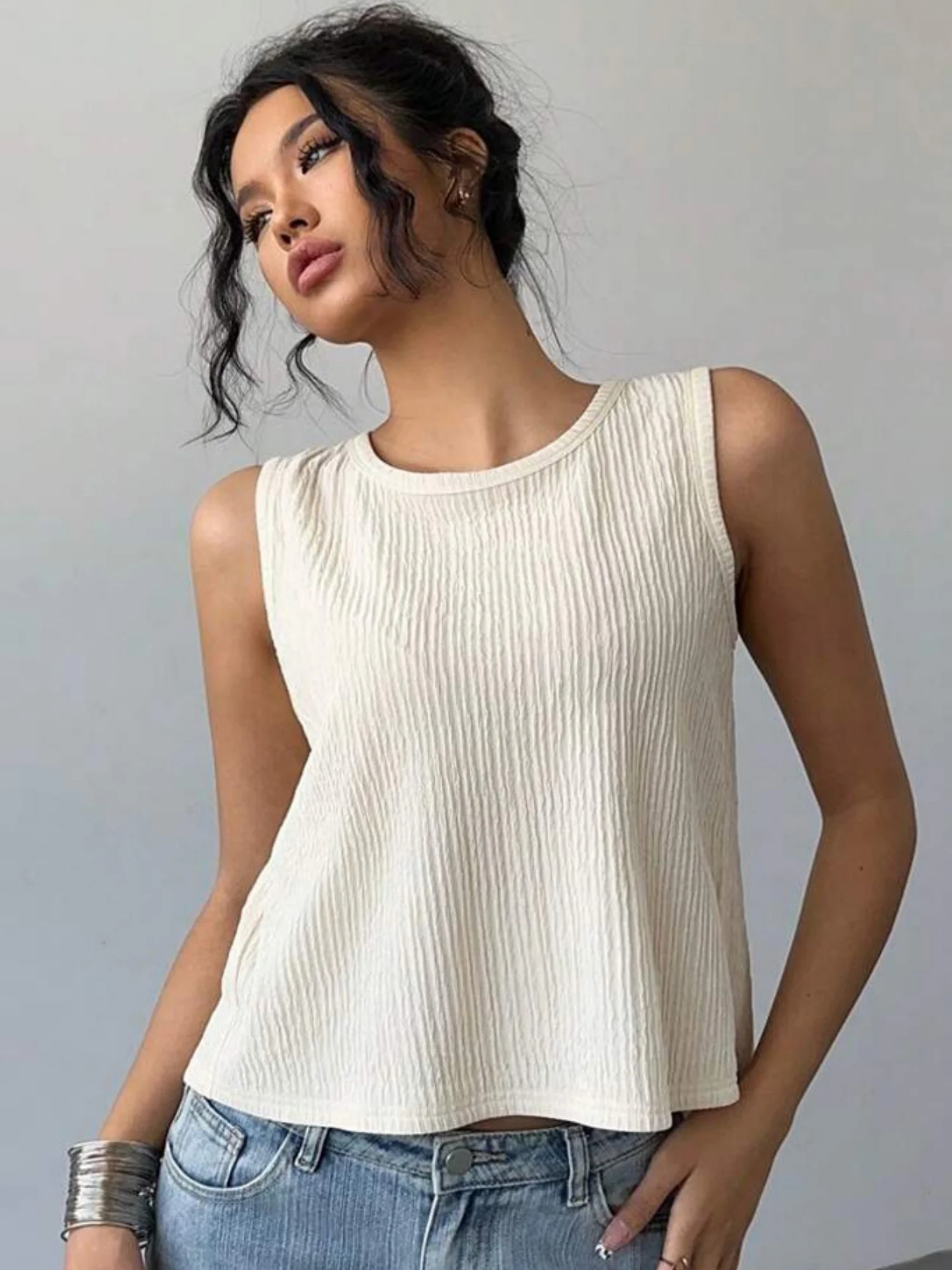 Bow Color-blocked Backless Round Neck Sleeveless Tank Tops - Image 2