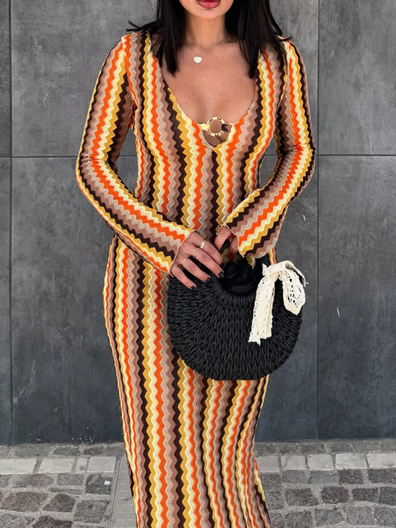 Striped Color Blocking V-neck Long Sleeve Maxi Dresses - Image 6