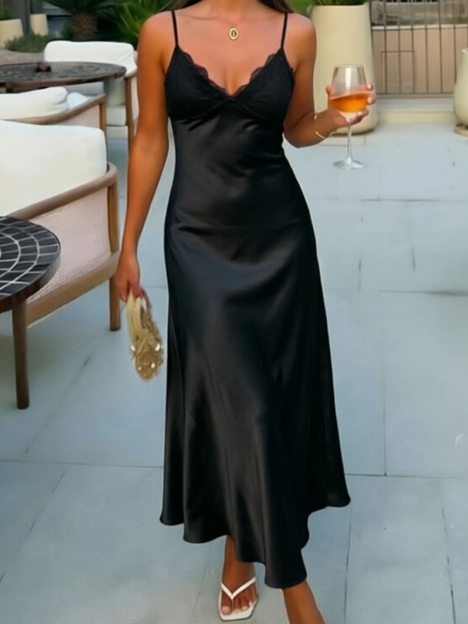 Lace Patchwork V-neck Backless Maxi Dresses - Image 7