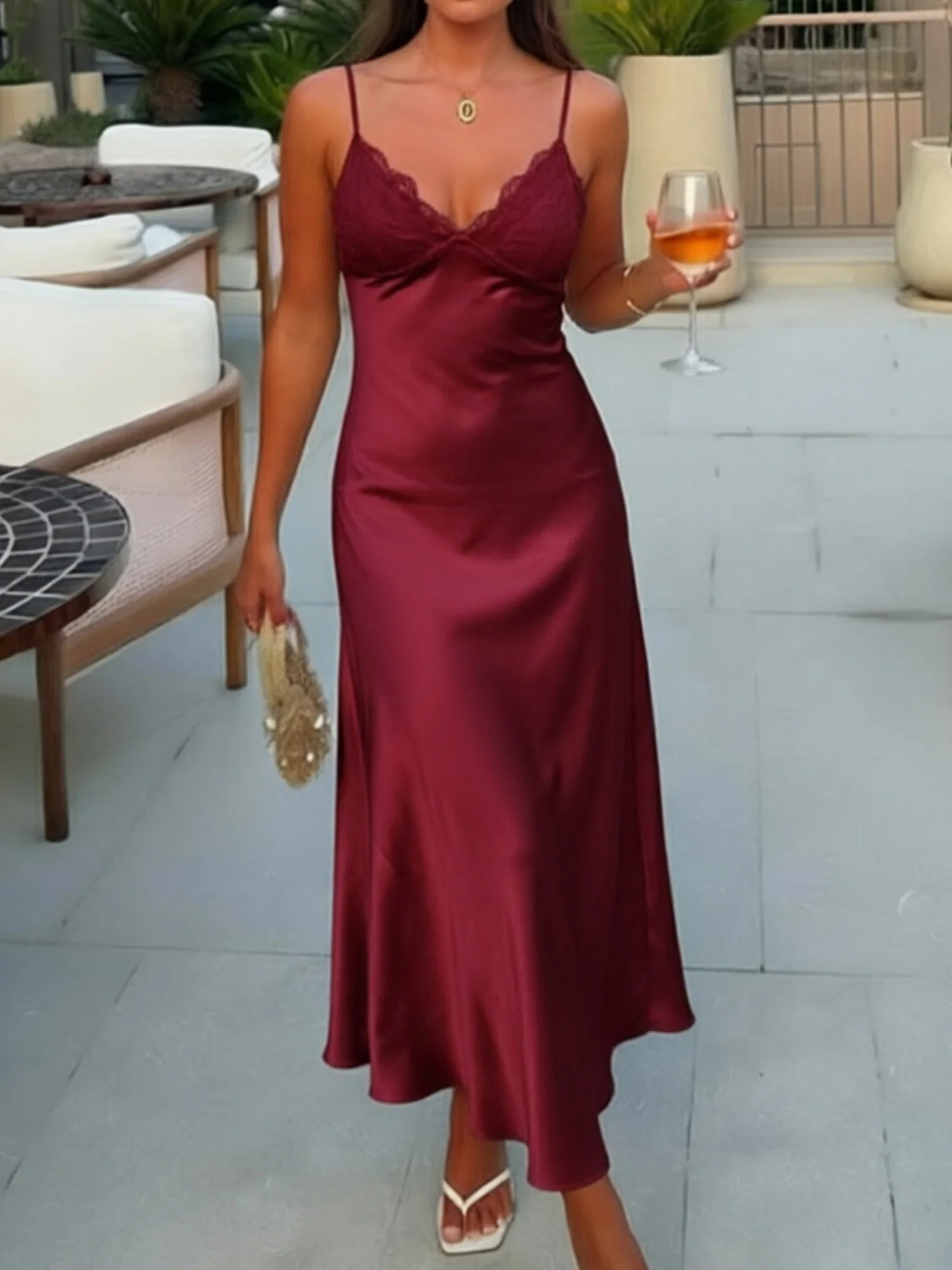 Lace Patchwork V-neck Backless Maxi Dresses - Image 8
