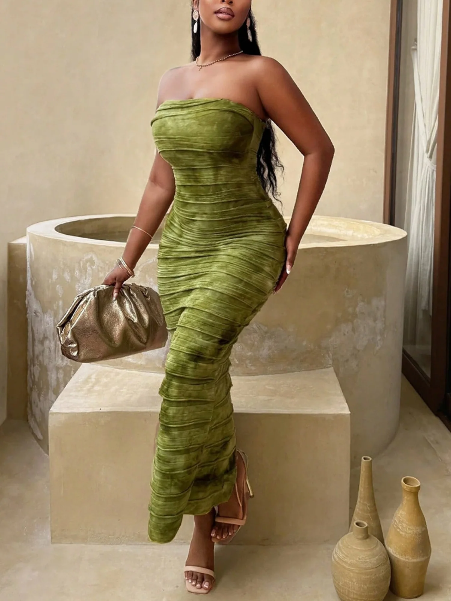 Tie-dye Splicing Strapless Backless Maxi Dresses - Image 2