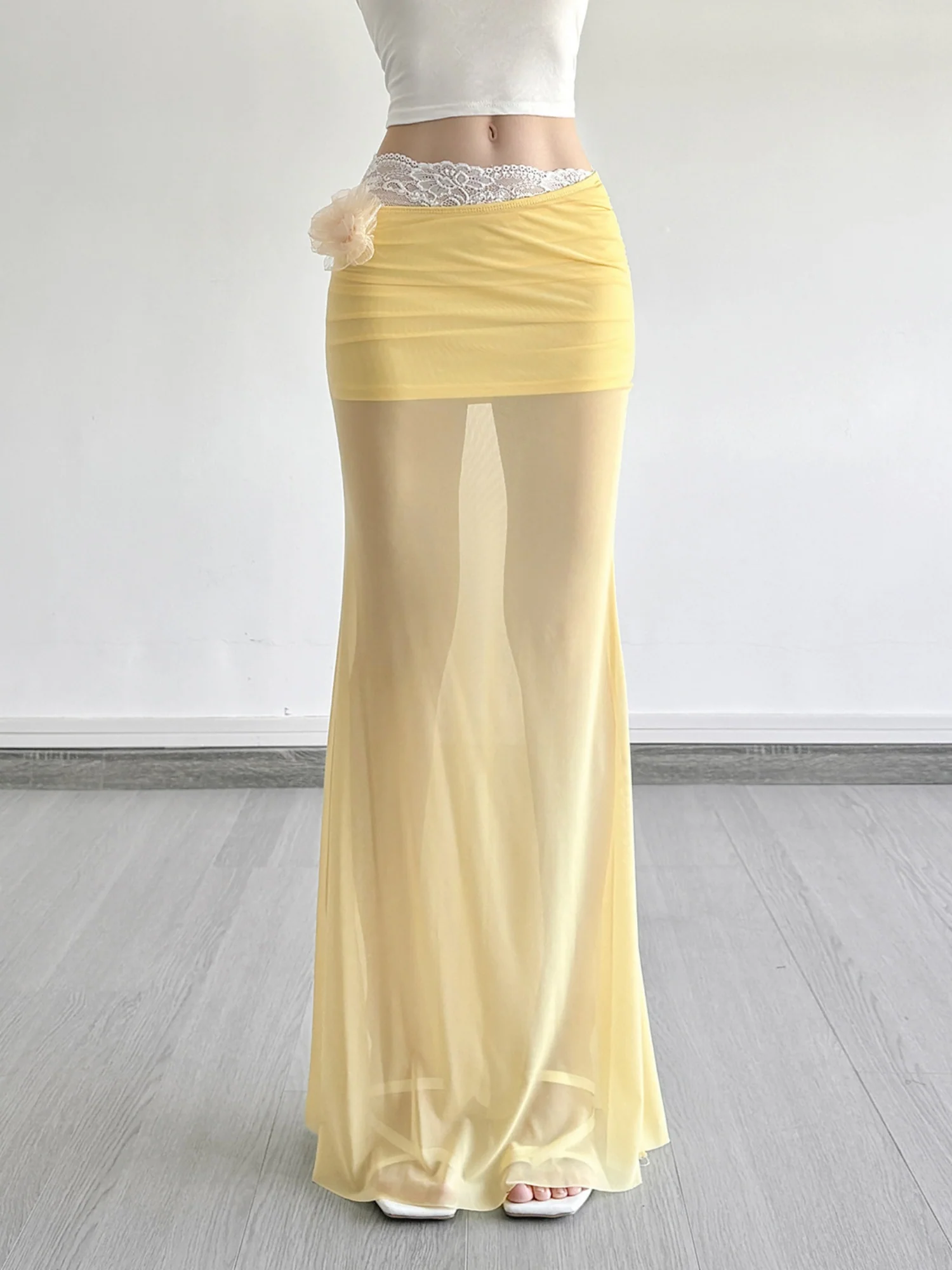 3D Flowers Lace Trim Mesh Splicing Hip Wrap Skirts - Image 4