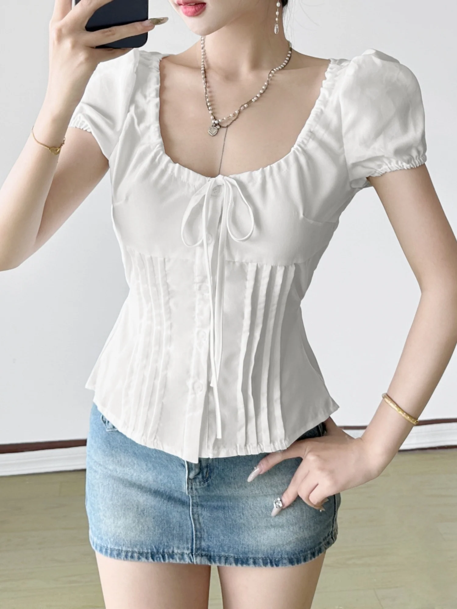 Bow Tie Puff Sleeve Waist Shaping T-shirts - Image 3