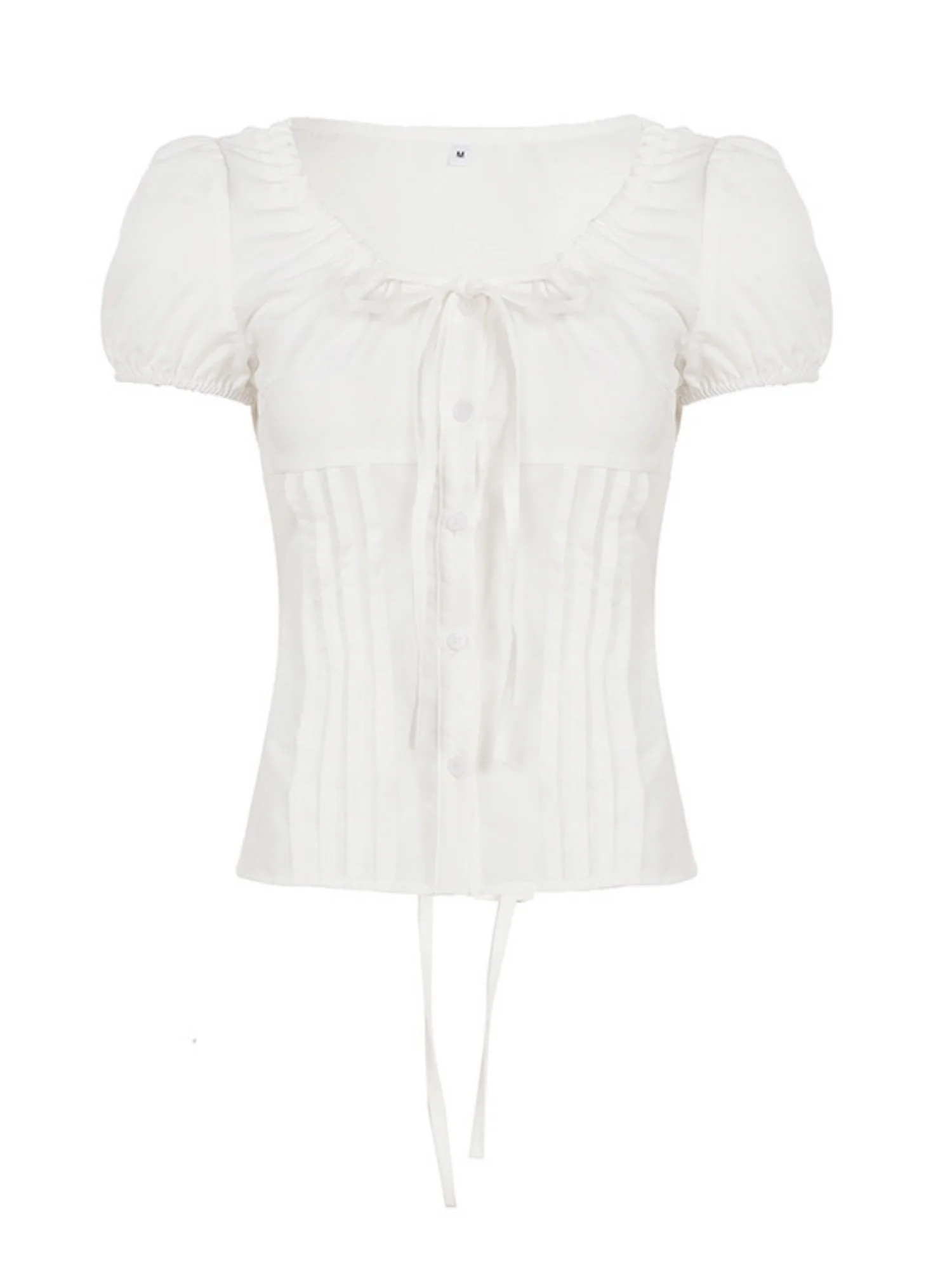Bow Tie Puff Sleeve Waist Shaping T-shirts - Image 4