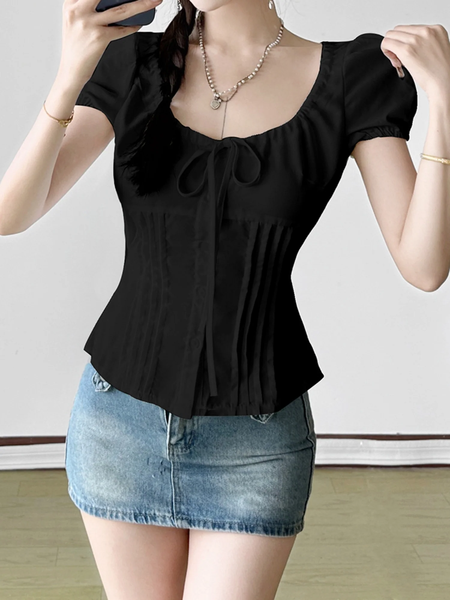 Bow Tie Puff Sleeve Waist Shaping T-shirts - Image 5